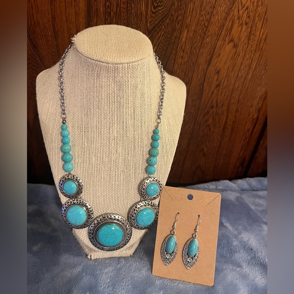 Shop LC Faux Turquoise Silver Tone Necklace & Pierced Earrings, new with tags